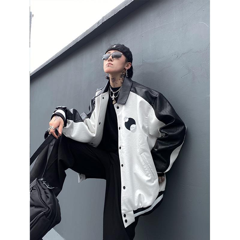 Áo khoác bóng chày iMaodou bằng da phối màu đen trắng phong cách đường phố Âu Mỹ cá tính