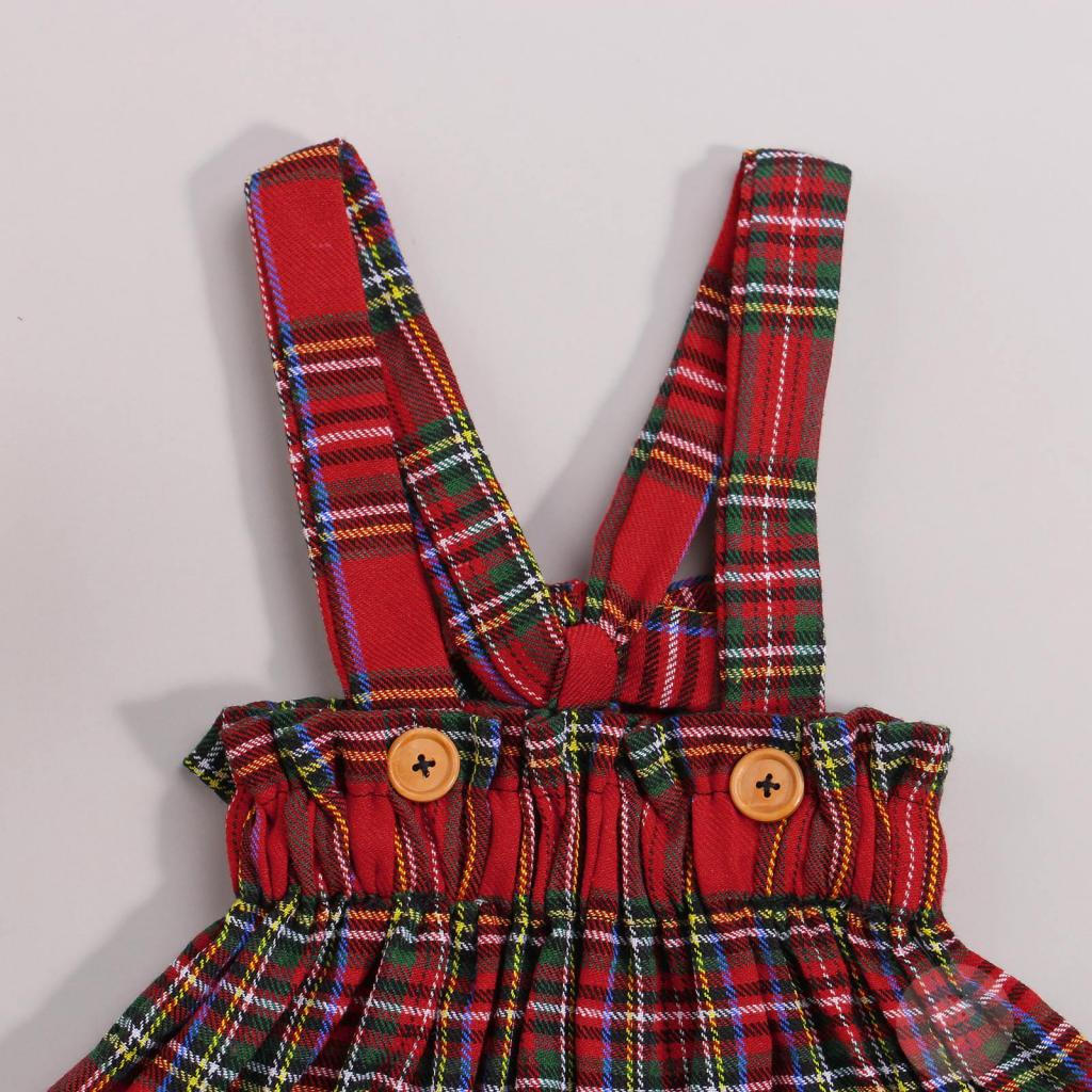 Đầm Yếm In Caro Hai Dây Bản Rộng Phối Nút Thời Trang Giáng Sinh LAA6 Cho Bé Gái