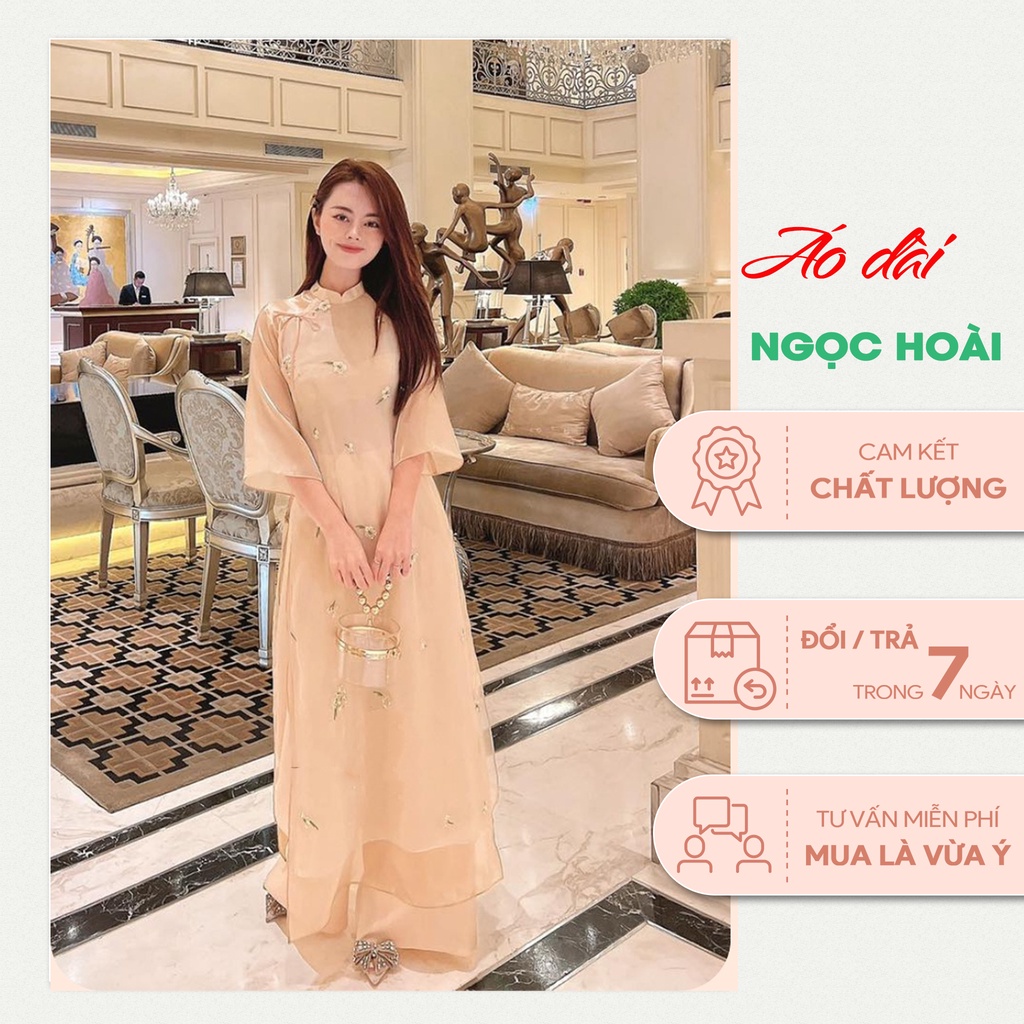 Áo Dài Cách Tân Cúc Chi Thêu Hoa Nổi Đơn Giản Nhẹ Nhàng Mẫu Mới Nhất Áo Dài Ngọc Hoài Cam Kết Chất Lượng,Chuẩn Phom Dáng