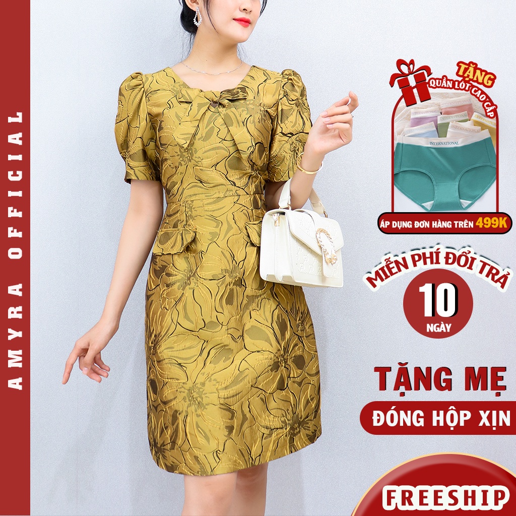 Đầm gấm trung niên dự tiệc cho mẹ cao cấp AMYRA thiết kế tay phồng cổ nơ dáng A hoa nổi 3d sang trọng DA175