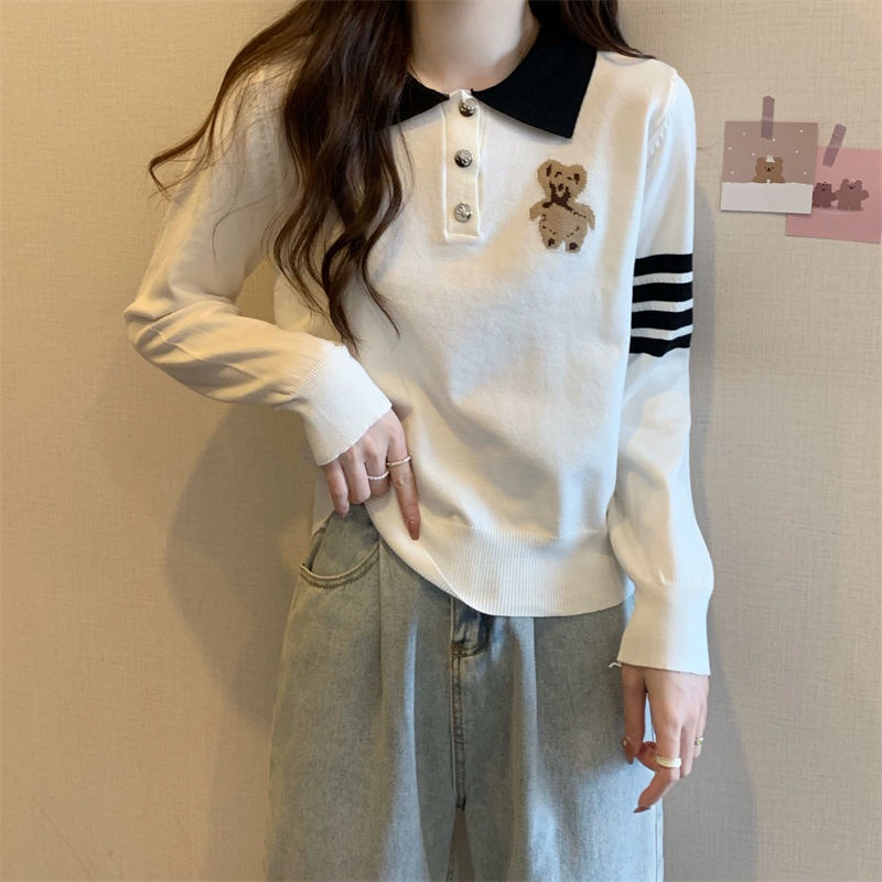 Áo Sweater Tay Dài Cổ Polo Thêu Hình Gấu Dễ Thương Thời Trang Mùa Thu Cho Nữ