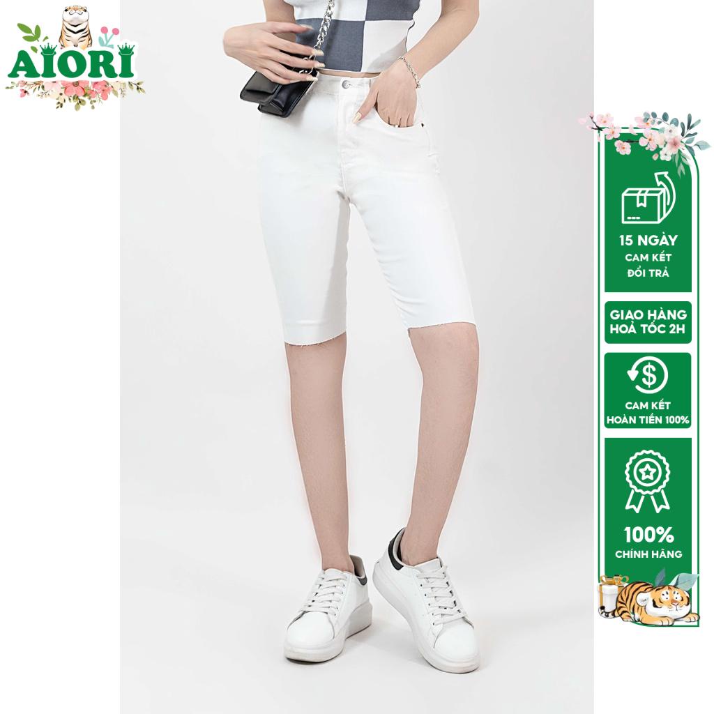 Quần Jean Nữ AIORI Short Ngố Lưng Cao Màu Trắng Co Giãn Thoải Mái D018_T