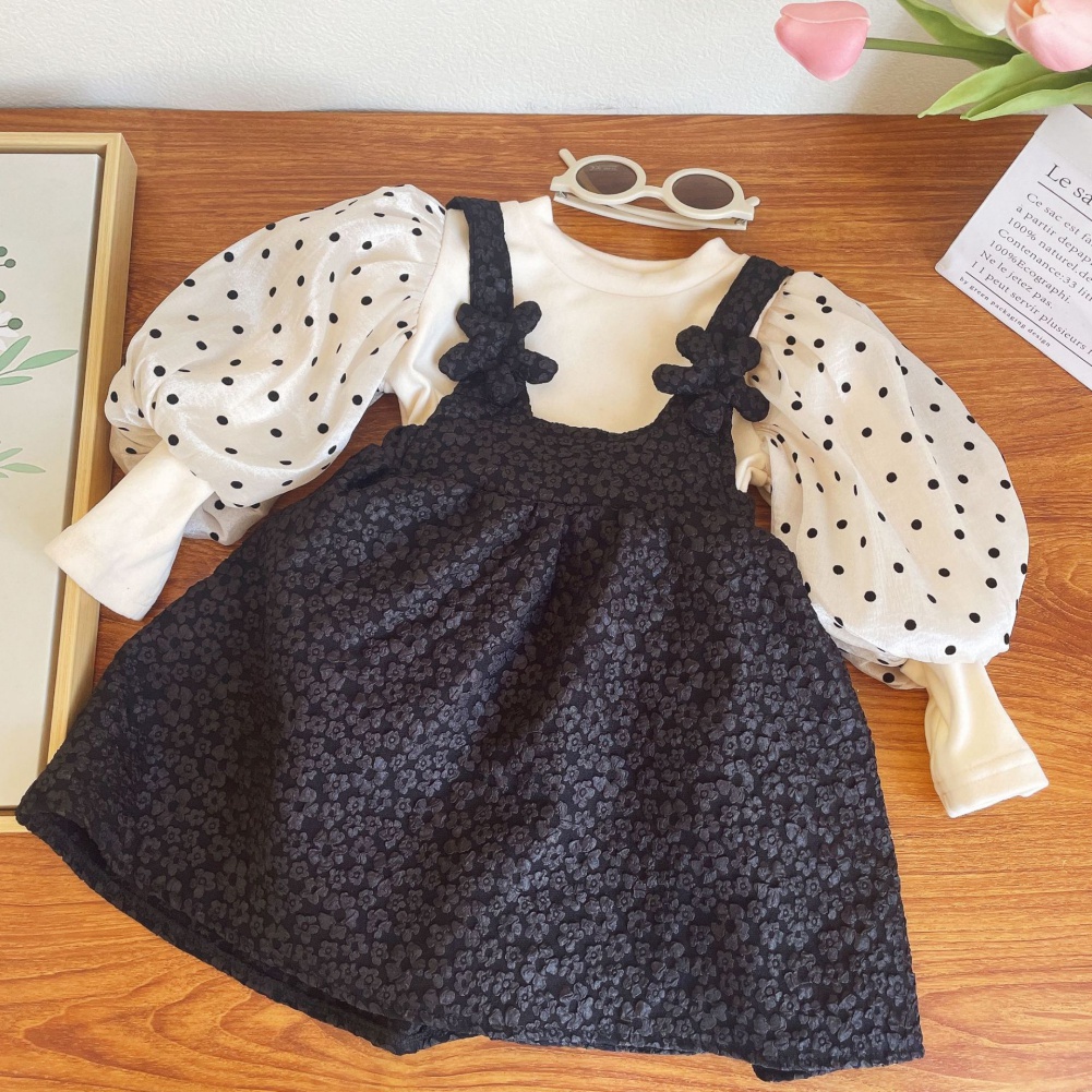 Set Áo Tay Phồng Chấm Bi Phối Váy Yếm Thời Trang Mùa Thu Dễ Thương Cho Bé Gái