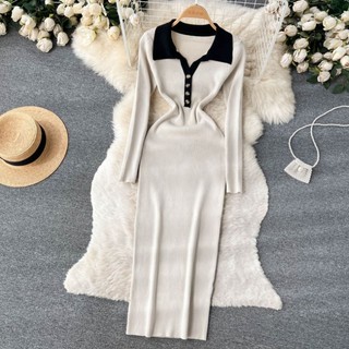 đầm len body cổ đức phối màu