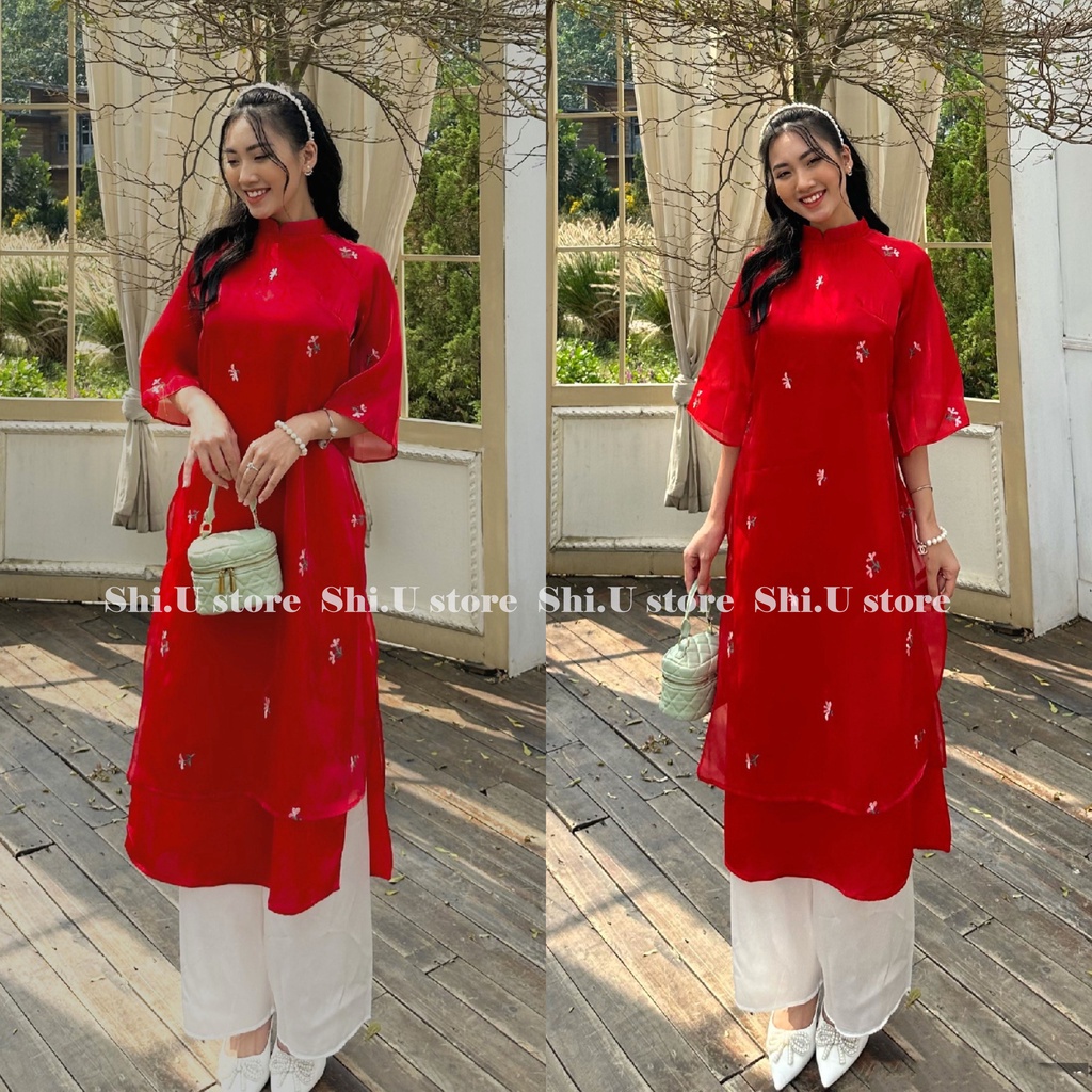 Set áo dài cách tân Tết voan tơ thêu hoa 4 tà nhiều màu xinh xắn