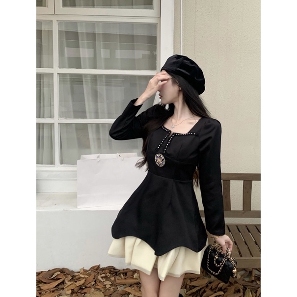 Váy Đầm Thiết Kế Nữ Ngắn Kiểu Pháp Hepburn Tay Dài Màu Đen Phối Với Váy Xoè Màu Kem Sang Trọng Tiểu Thư Hàng Quảng Châ