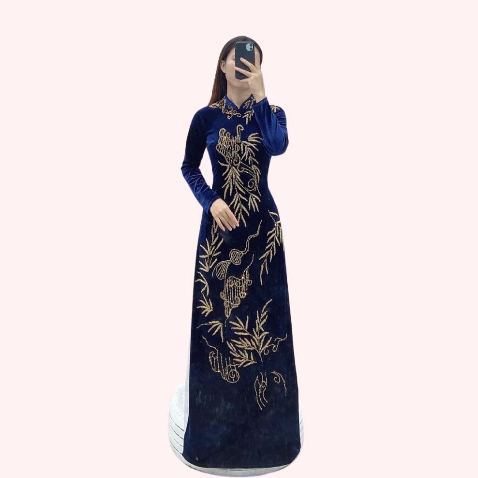 Áo Dài Nhung đính kết pha lê họa tiết cho mẹ trẻ, bà sui