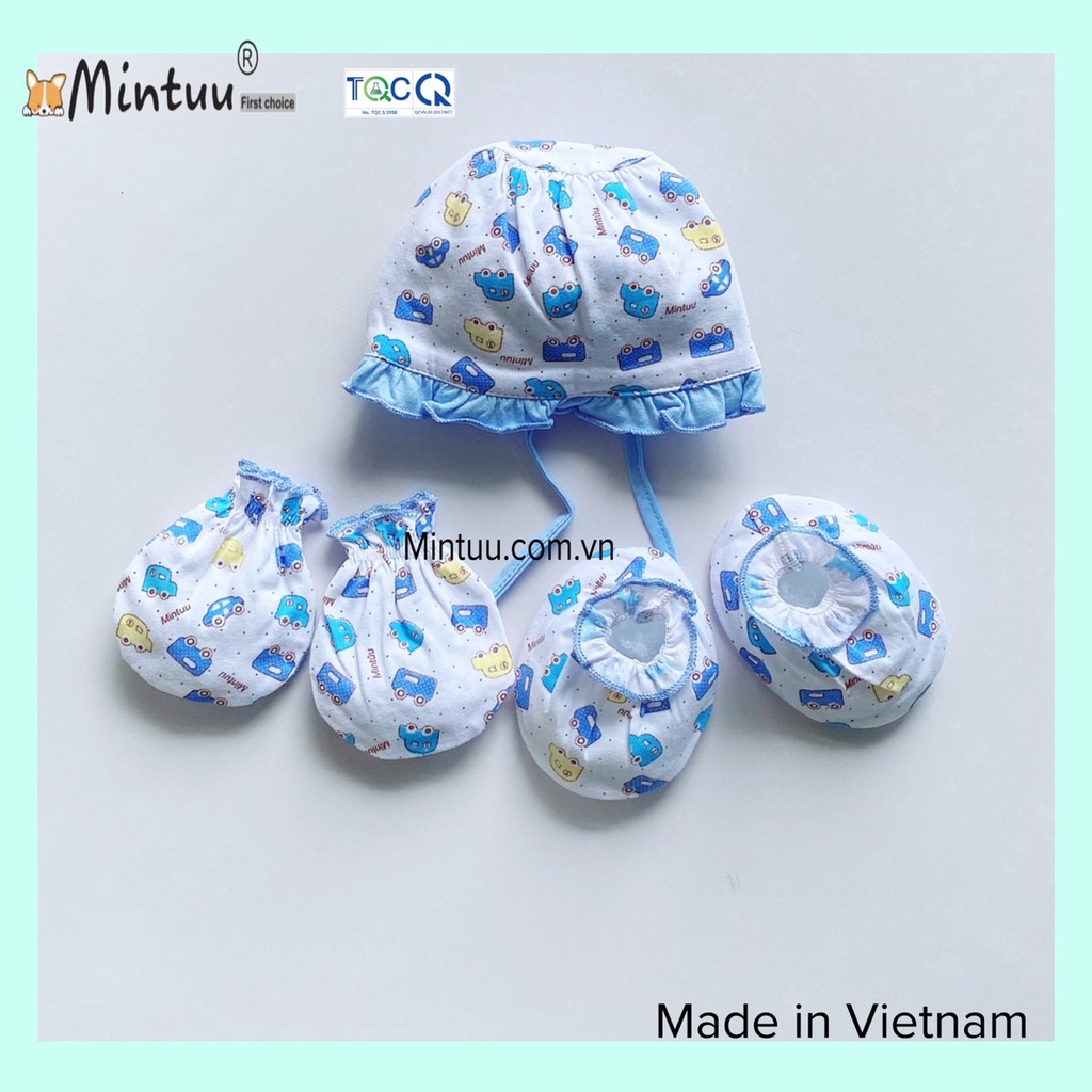 Set nón bèo cột dây - tay chân cuốn biên in bông cho bé gái, thương hiệu Mintuu, chất liệu vải 100% cotton