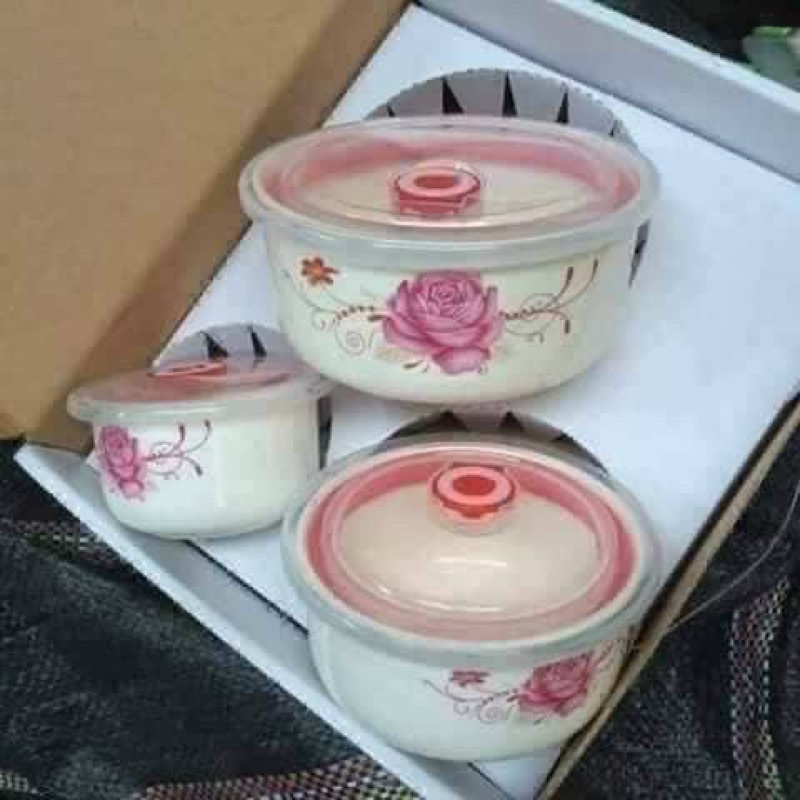 Bộ 3 Thố Sứ Hoa Hồng ❤️ có nắp hút chân không dễ dàng đựng thức ăn trong tủ lạnh ❤️