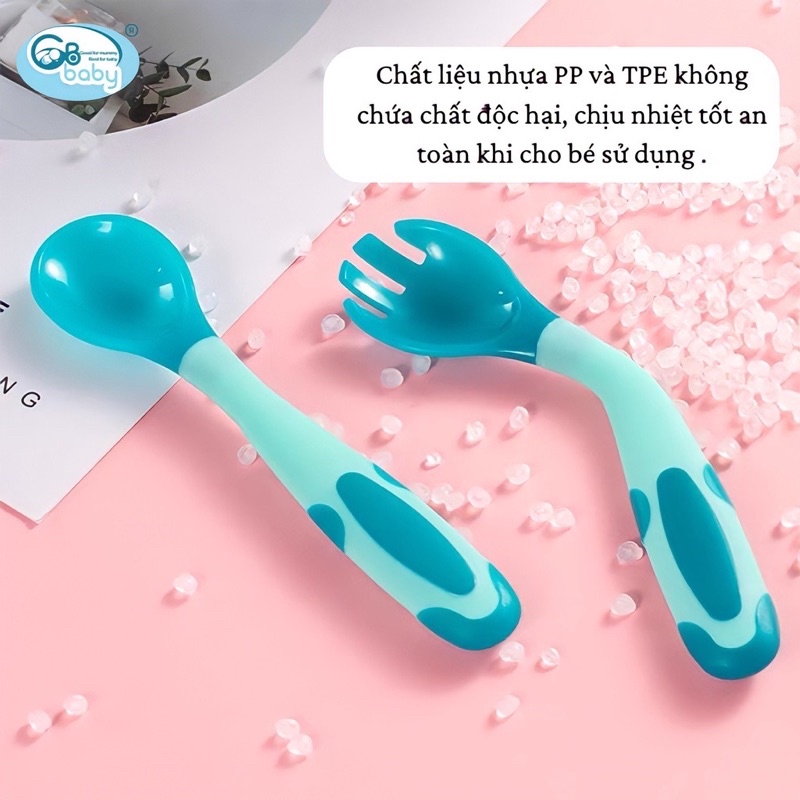 {Nhùn nhùn}Set 2 chiếc Thìa /dĩa ăn dặm báo nóng cảm ứng nhiệt, uốn cong Gb-Baby