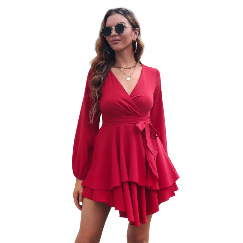 Đầm Dài Tay Cổ Chữ V Khoét Sâu Phối Bèo Phong Cách Quyến Rũ