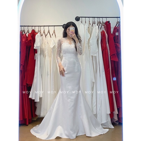 Váy body cá phi phối ren tay dài nơ ren kép- Váy cưới, đầm cưới thiết kế đi bàn, chụp ảnh đơn giản, sang trọng-X406