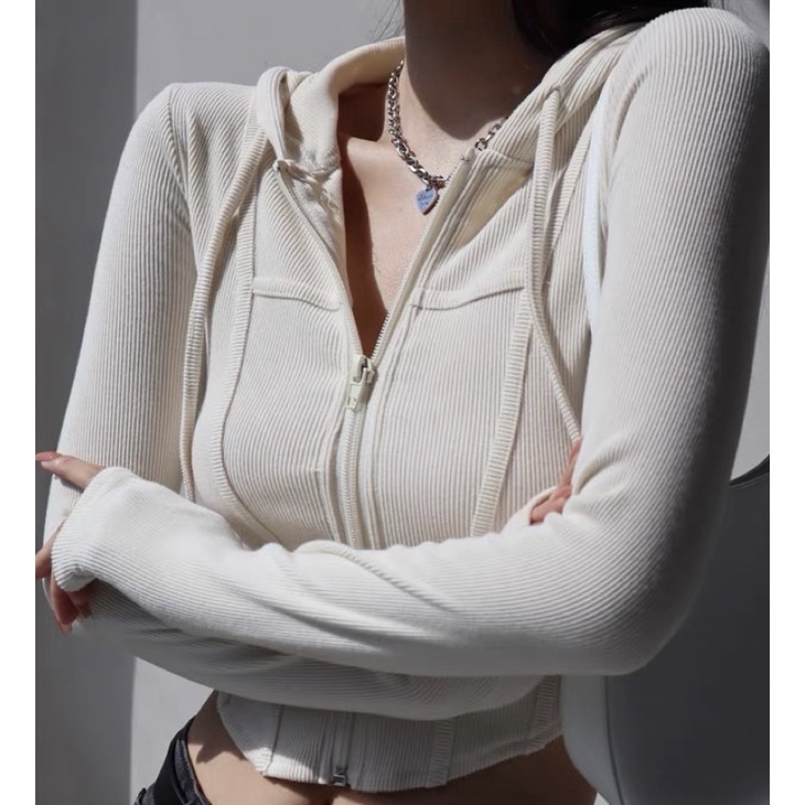 LOVI SHOP- Áo khoác croptop tay dài chất thun gân tăm mềm có nón nhiều màu