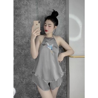 Set ngủ lụa yếm thêu hạc sexy bộ 2 dây lụa satin freesize