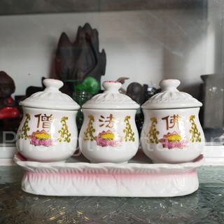 Khay Nước 3 Chum MUỐI GẠO NƯỚC Sứ Trắng Chữ Hán 15cm(có để liền,có nắp)
