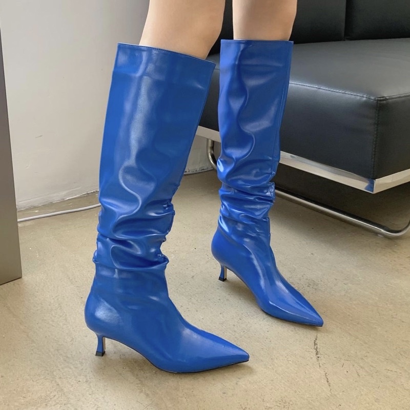 Boots cao gót da trơn ống rộng trendy phong cách Y2K 5 cm, hàng cao cấp