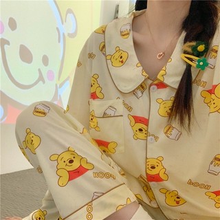 Set đồ ngủ Pyjama dài cổ tròn hoạ tiết gấu Pooh vàng hàn quốc