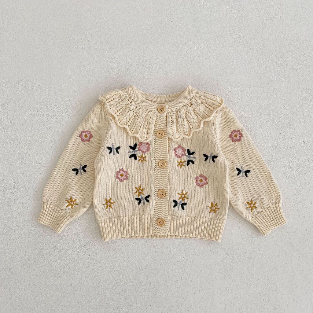 Áo Sweater Cotton Dệt Kim Tay Dài Cổ Lá Sen Thêu Hoa Thời Trang Xuân Thu Cho Bé Gái