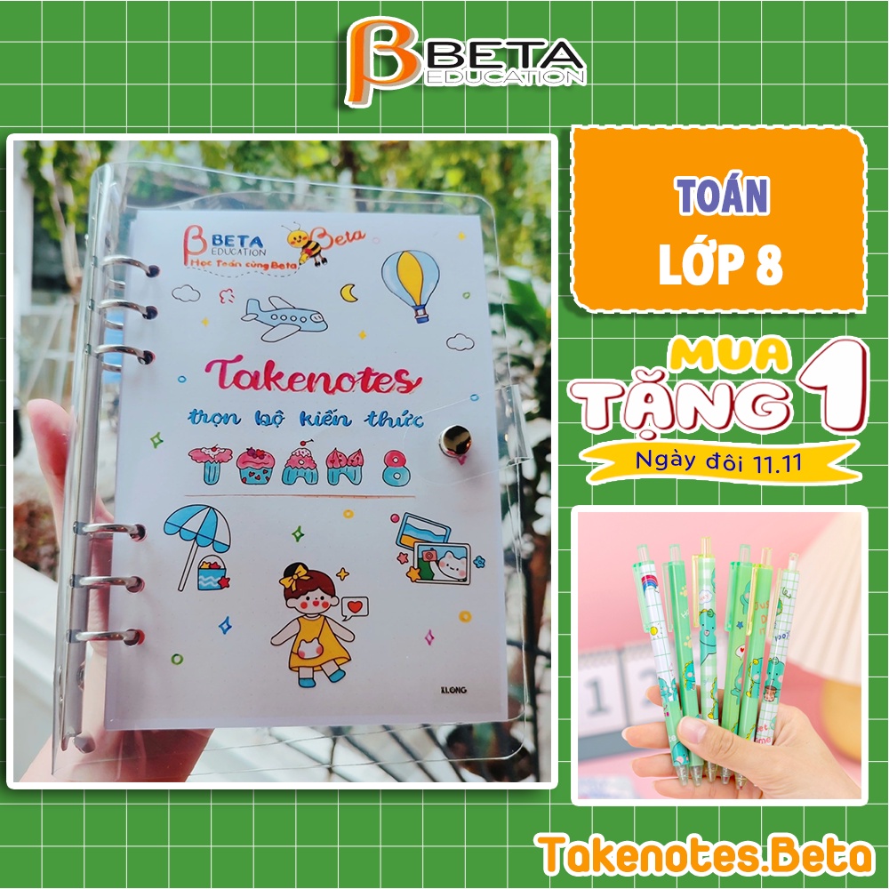 Sổ takenote toán 8, sổ giấy trang trí sticker Beta tổng hợp kiến thức toán học lớp 8 với 2 bản sổ lò xo và sổ binder