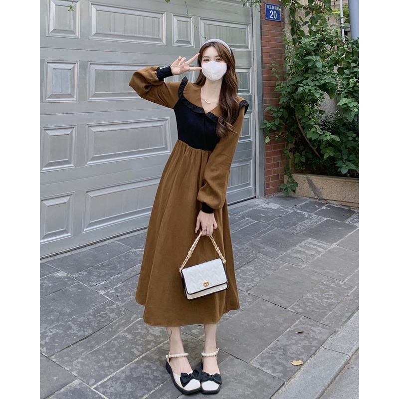 Váy đầm nhung corduroy cổ bèo nhiều màu dài qua gối thu đông phong cách Hàn Quốc MS946