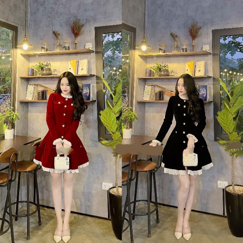váy đầm nữ sang chảnh đi tiệc tay dài chất nhung xịn mặc tết màu đen màu đỏ hàng Quảng Châu