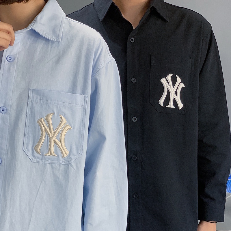 Thêu Logo MLB NY Rửa Nguyên Chất Cotton Cặp Đôi Áo Sơ Mi Nam Tay Dài Slim Fit Đứng Cổ Áo Sơ Mi Co Gi