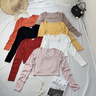 Áo thun lụa croptop nữ tay dài cổ vuông ôm dáng