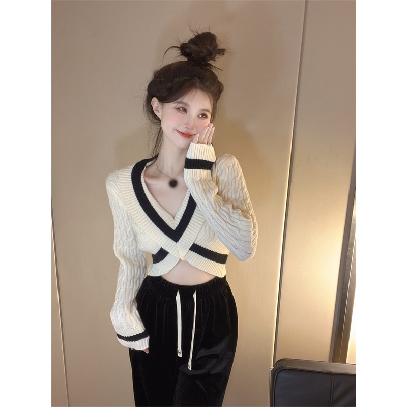 Porozi  Áo Dệt Kim Tay Dài Cổ Chữ V Lưng Cao Thời Trang Hàn Quốc Cho Nữ