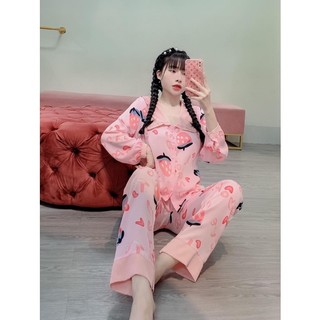 Đồ Bộ Lụa Tay Dài Quần Dài Màu Mới Bèo Xinh Xắn Mặc Nhà Nữ