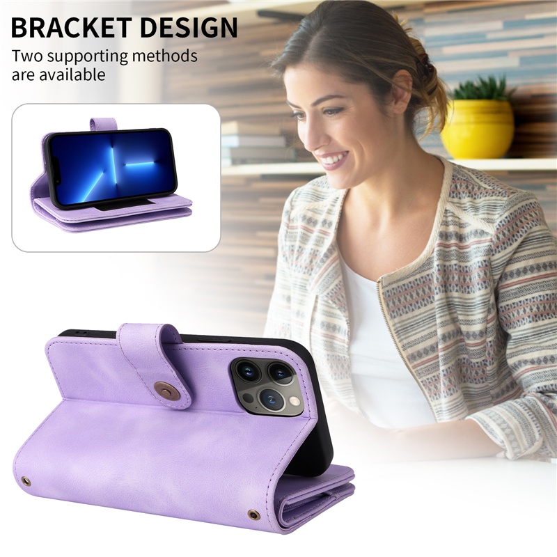 Ốp Điện Thoại Da Kèm Ngăn Đựng Thẻ Khóa Nam Châm Dây Dài Cho IPhone 14 13 12 Mini Pro Max Plus