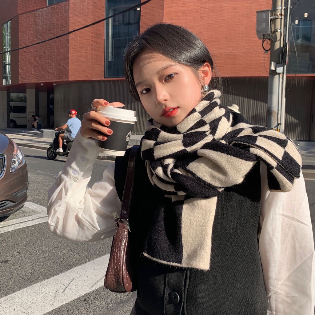Khăn Choàng Cổ Dệt Kim Dày Dặn Ấm Áp Kẻ Sọc Kiểu Hàn Quốc Thời Trang Thu Đông Cho Nữ