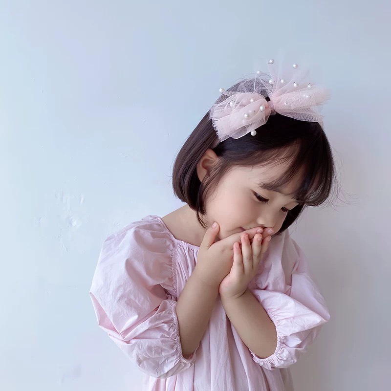 Bờm tóc nơ voan đính hạt trai nhân tạo đáng yêu cho bé gái - L009