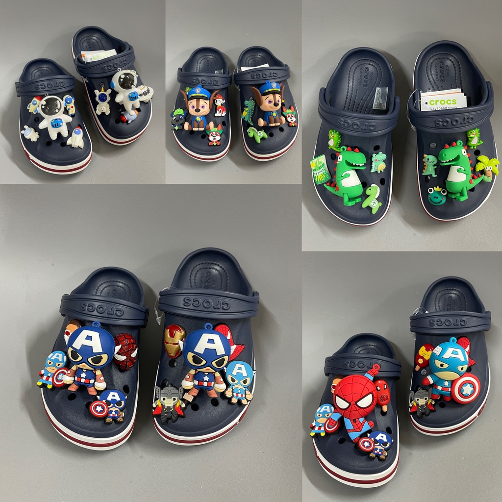 Dép sục Cross Baya cho bé trai bé gái trẻ em màu Xanh than, giày Clog Kid nam nữ xuất khẩu gắn Sticker Vip - HannaKids