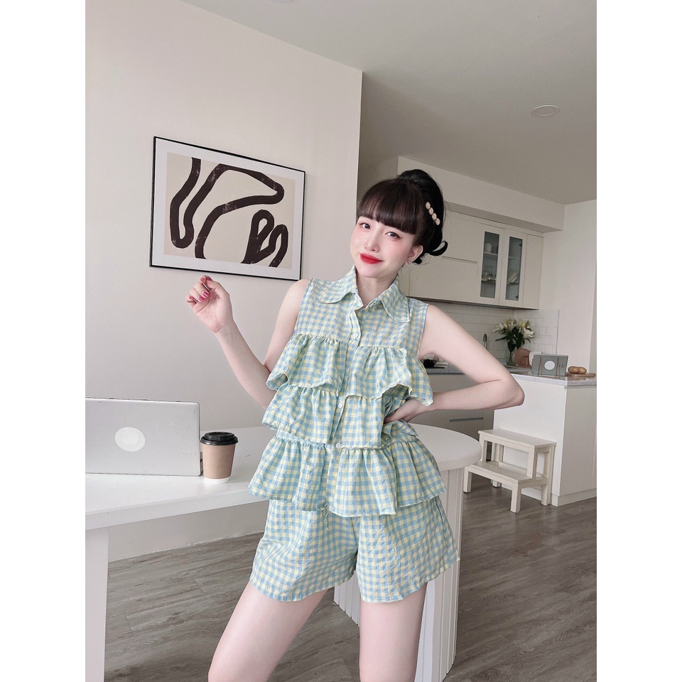 [11.11 Sale Freeship] Set bộ tiểu thư nữ,set đũi xốp áo cổ bẻ tầng mix quần sooc đùi kẻ caro đi chơi dạo phố dễ thương