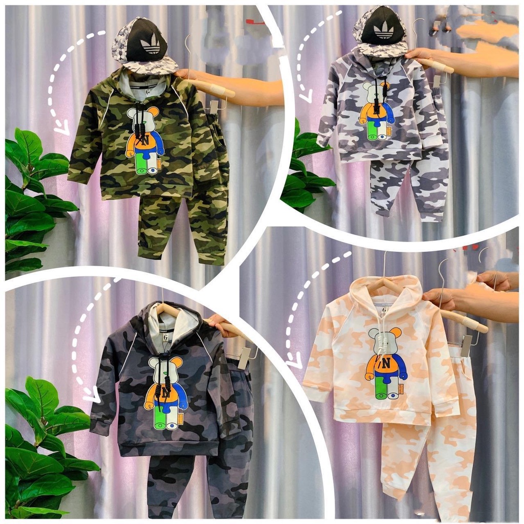 Tomnaukids-(9-28kg)- sét hoodi mũ kiểu lính phong cách bụi cho bé trai bé gái