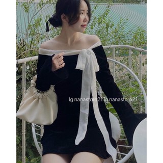 Váy nhung trễ vai buộc nơ Nana21 Nanastore21