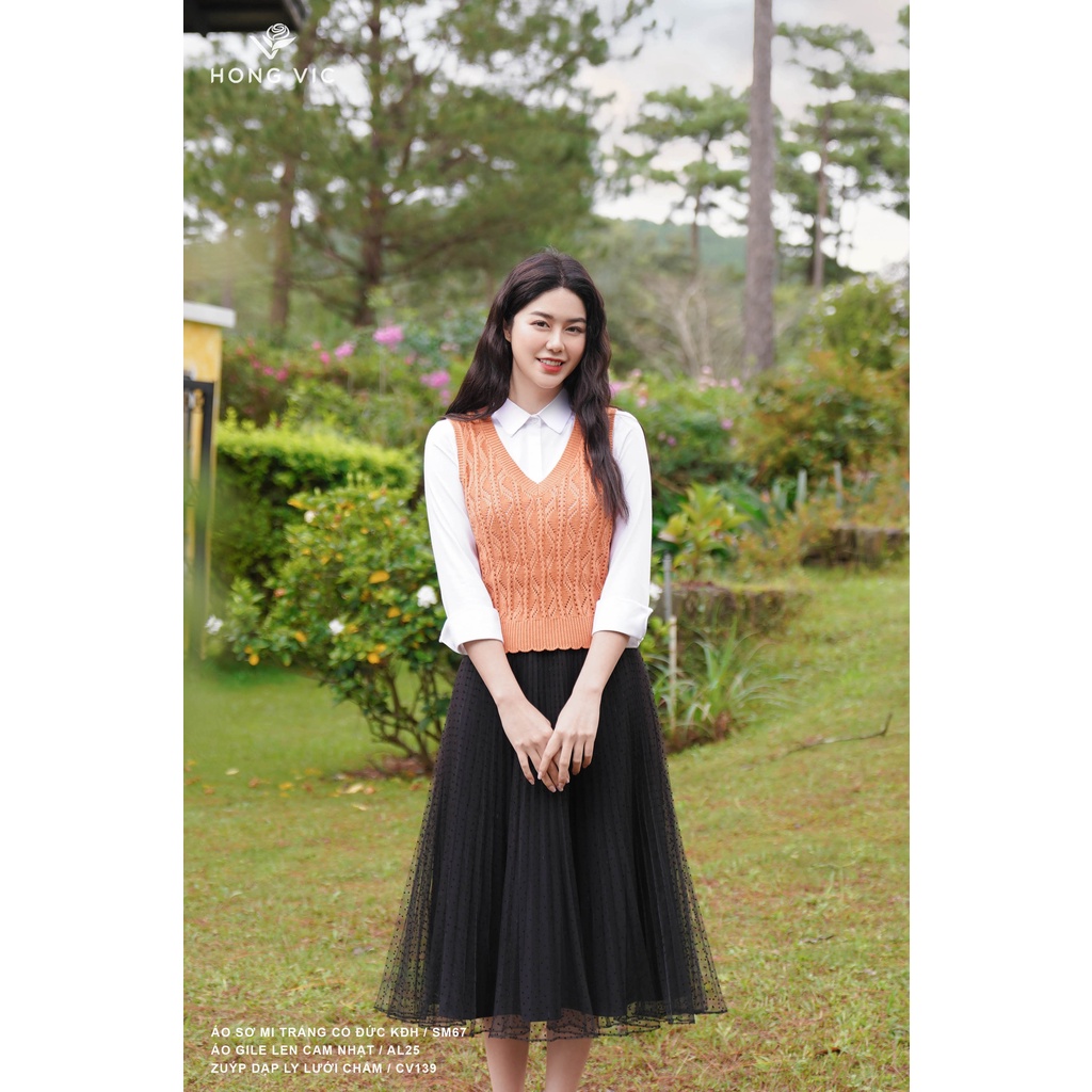 Chân váy nữ thiết kế Hong Vic dập ly lưới chấm CV139
