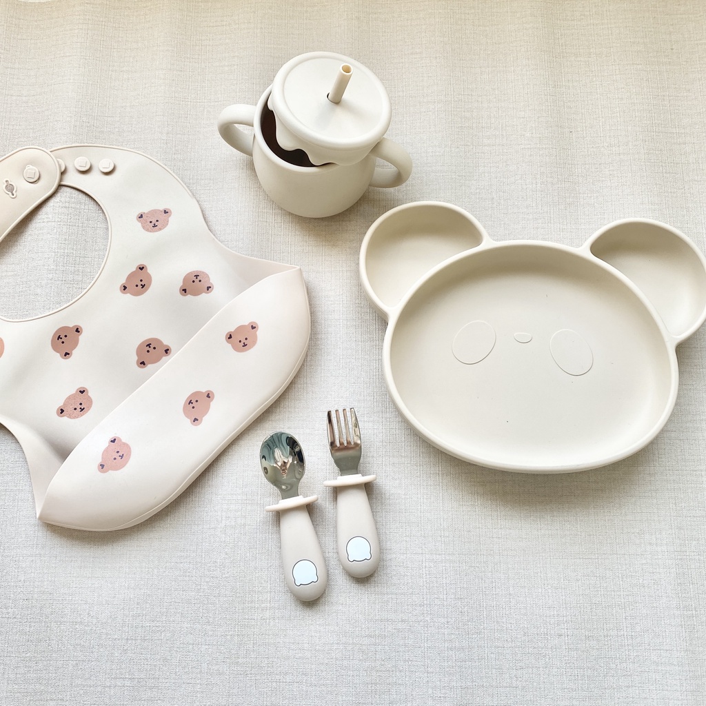 Khay Ăn Dặm Hình Gấu Có Đế Hít Combo đồ dùng ăn dặm Khay Set Thìa Dĩa inox Cốc 3in Yếm Máng Silicon Cho Bé