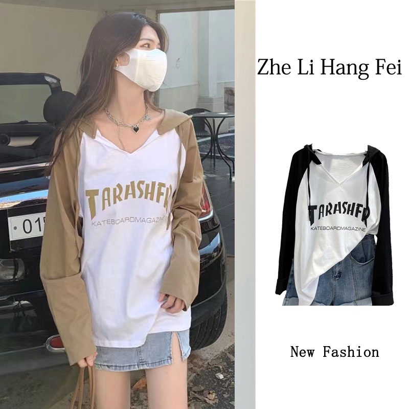 Áo hoodie ZHELIHANGFEI thể thao dáng rộng cổ chữ v dễ phối đồ