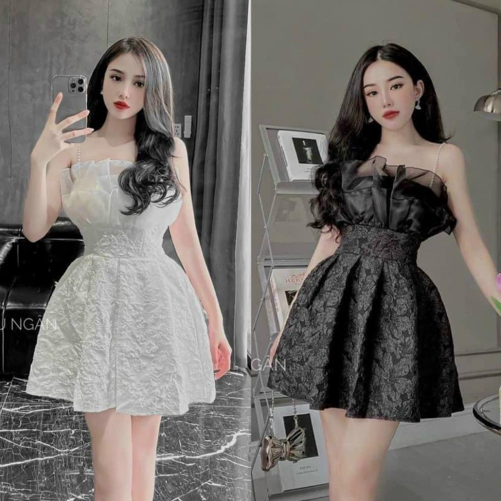 Đầm váy nữ gấm dự tiệc B&M 2 dây công chúa xòe phối voan xinh xắn, sang chảnh
