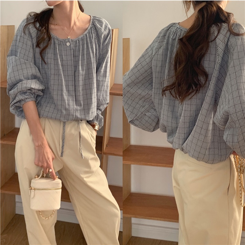 SUXI Áo Kiểu Tay Dài Cổ Tròn Dáng Rộng Kẻ Sọc Phối Dây Rút Thời Trang Hàn Quốc Cho Nữ