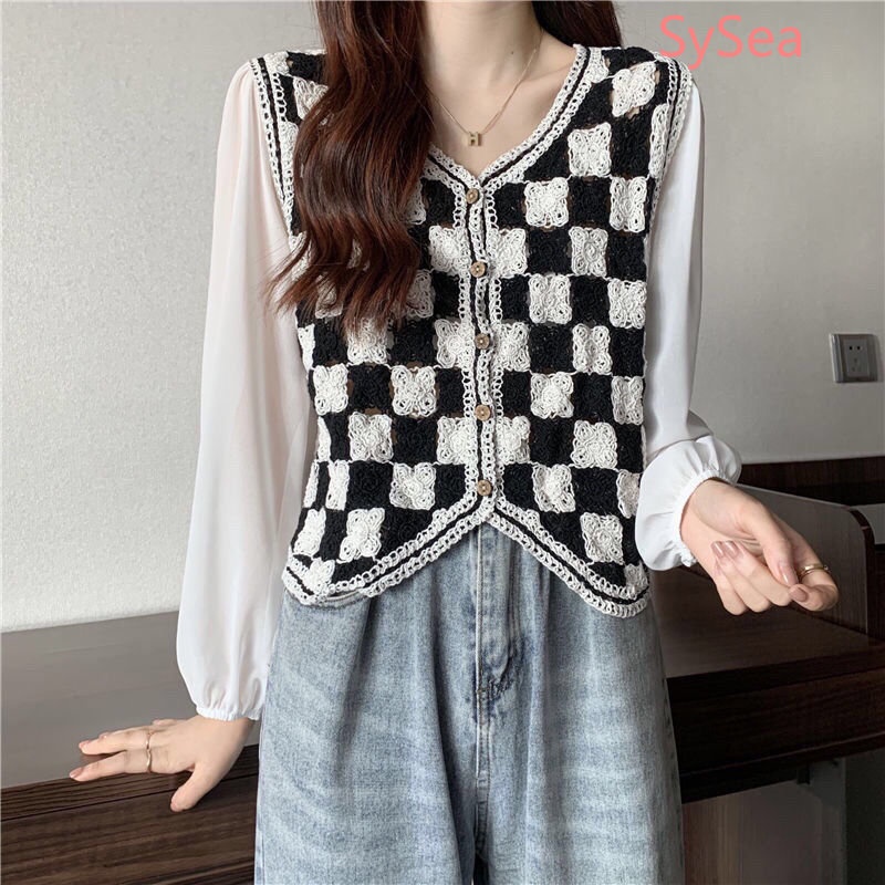 Áo Dệt Kim Tay Dài Sọc Ca Rô Thời Trang Hàn Quốc Cá Tính Cho Nữ