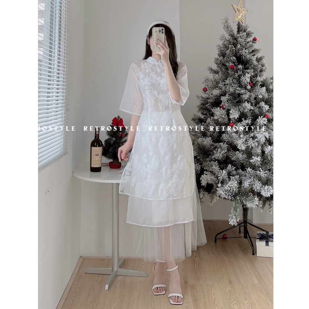 Áo dài cách tân 4 tà phối chân váy voan xòe cạp chun mã Aodai213