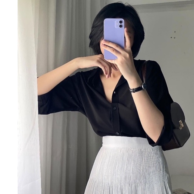 Áo sơ mi nữ màu đen dài tay dáng suông kiểu Hàn Quốc form rộng chất mát không nhăn mã AAS452