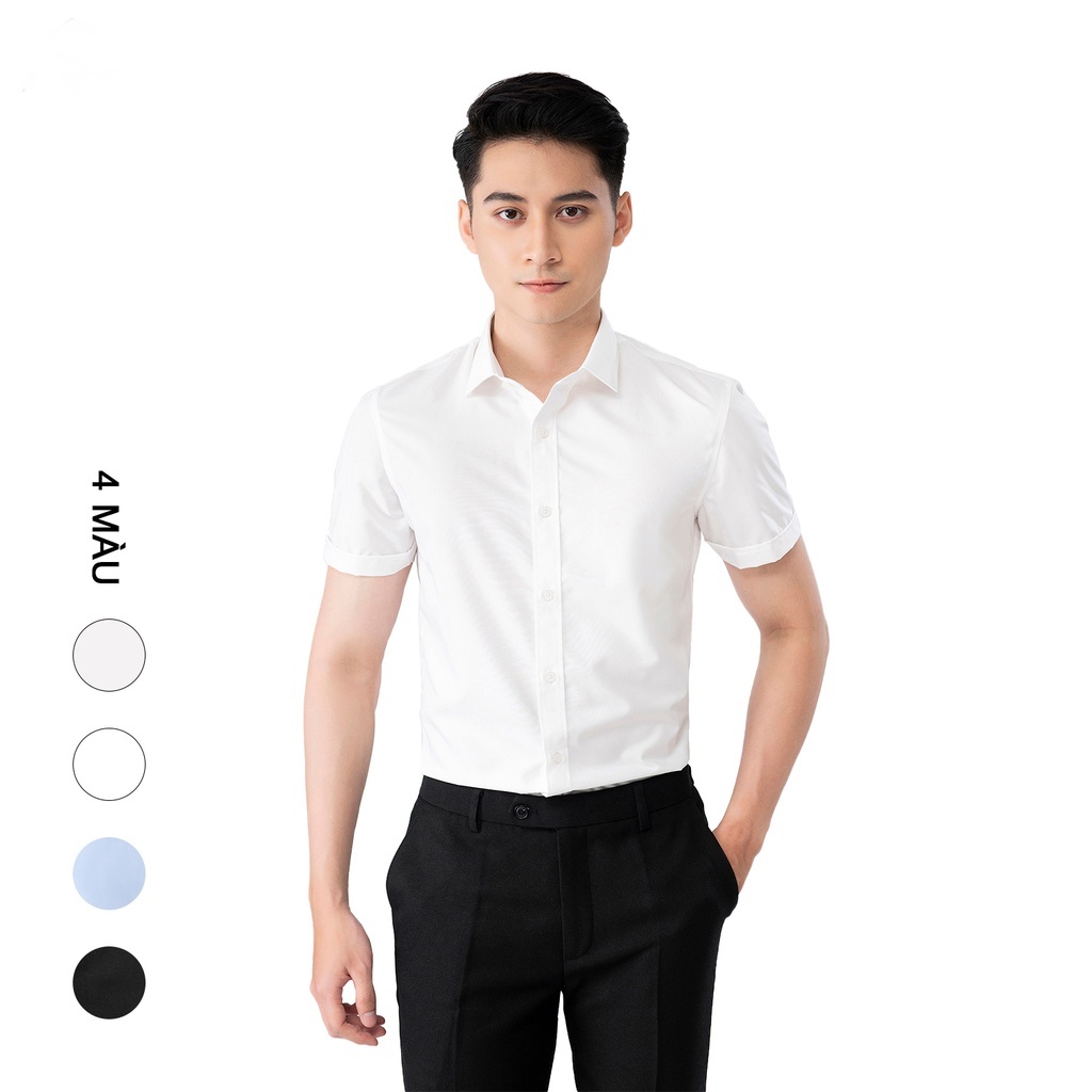 Áo sơ mi nam ngắn tay màu trắng kem ADINO vải nến lụa sợi sồi modal dáng công sở slimfit hơi ôm trẻ trung