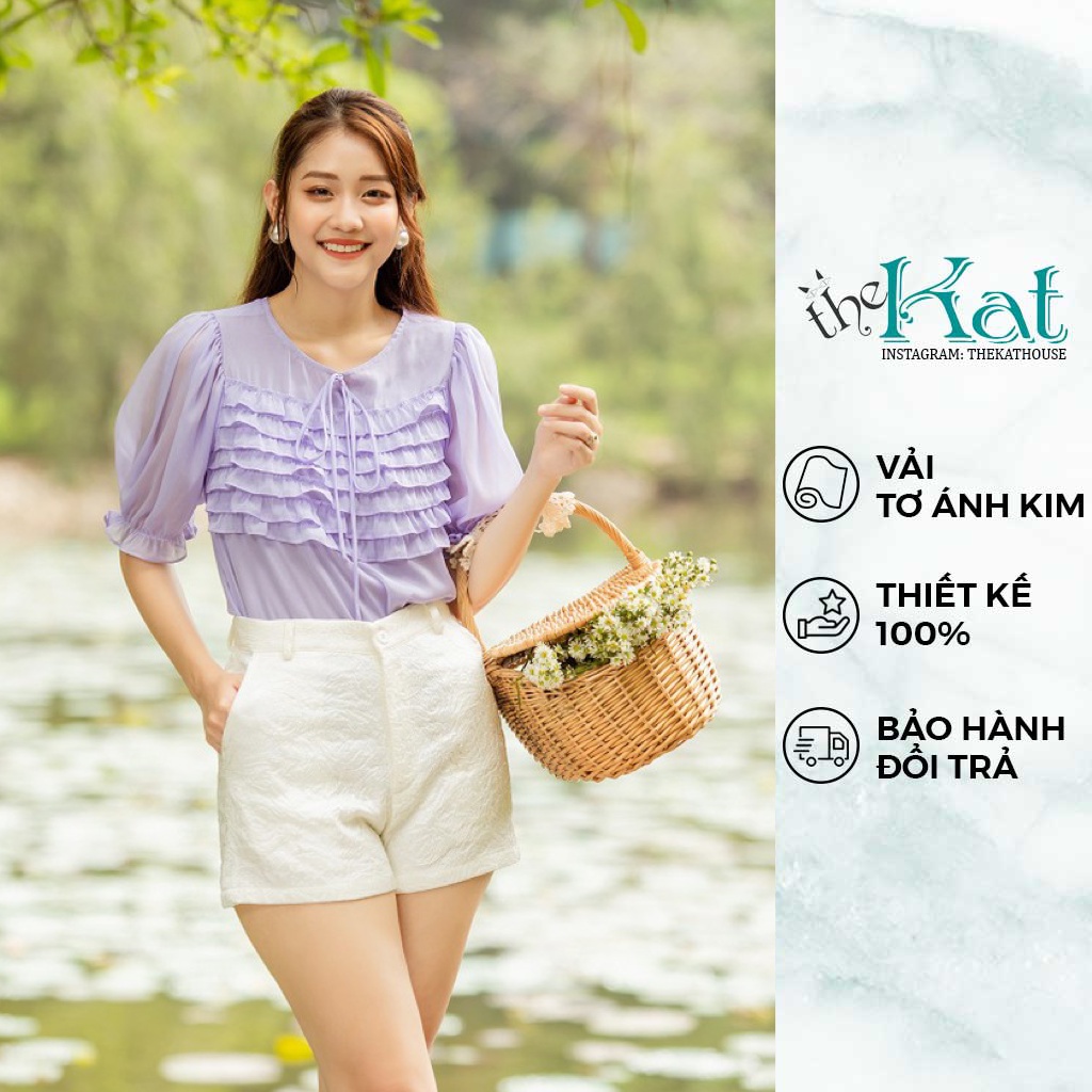 [Mã BMLT35 giảm đến 35K đơn 99K] Áo Nhún Bèo Ngực Tay Phồng The Kat House, vải tơ ánh kim, nữ tính, dịu dàng, dễ thương