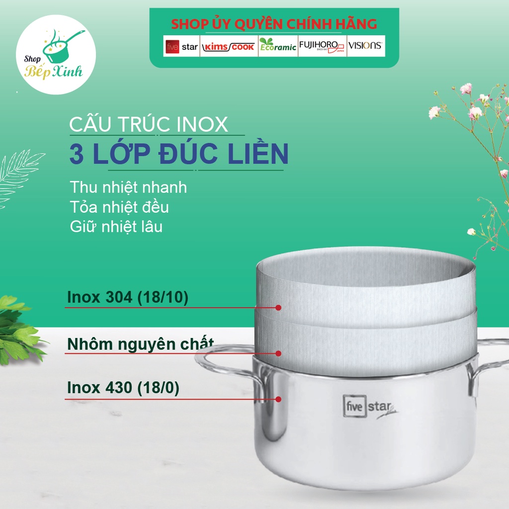 Bộ nồi 3 lớp đáy liền inox 304 cao cấp đáy từ Fivestar Plus quai oval