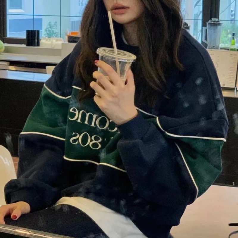 ÁO NỈ SWEATER xanh than phối màu sọc xanh lá thu đông 2022