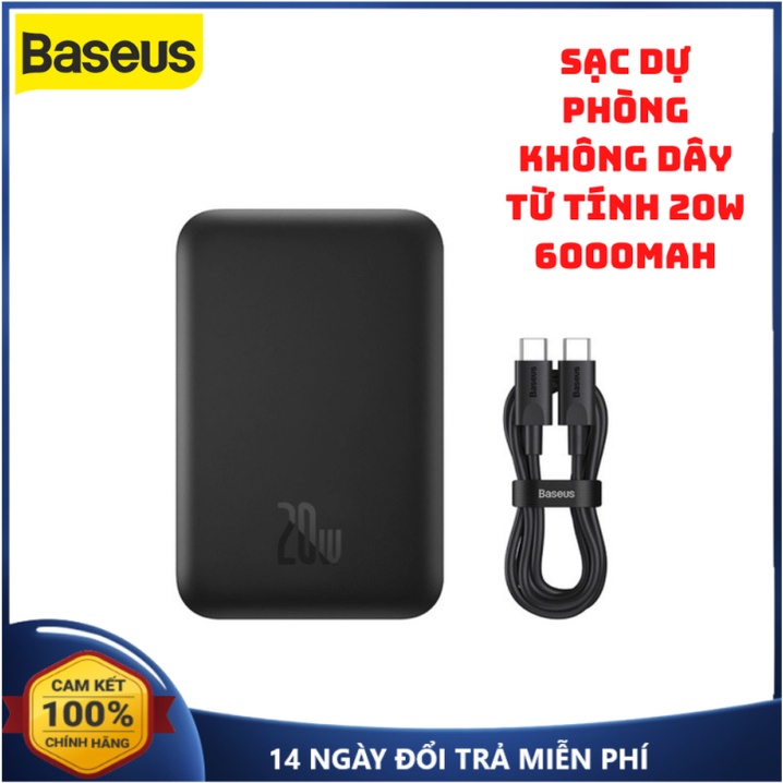 Sạc Dự Phòng Không Dây 20W Từ Tính Baseus 6000mAh Pin Sạc Dự Phòng Không Dây Từ Tính Tặng Dây Sạc Type C