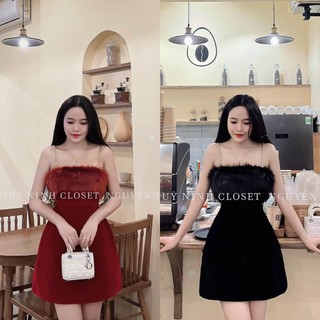 Đầm nữ đi tiệc đầm hai dây mix lông vũ cúp ngực, đầm dáng a,  đầm sexy , đầm đi chơi , đi cưới, chất nhung cứng cực hot